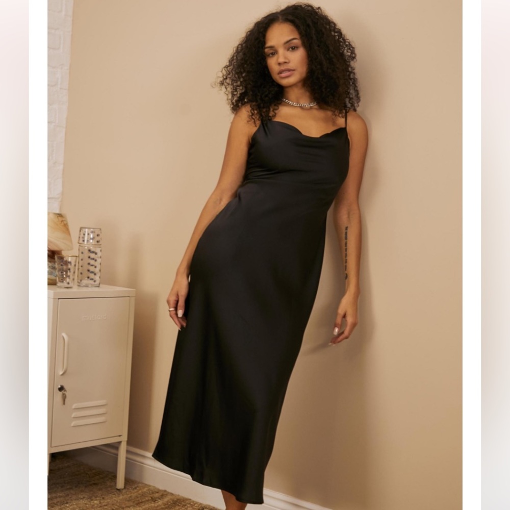 Urban Outfitters Mallory Cowl Neck Midi Black Slip Dress